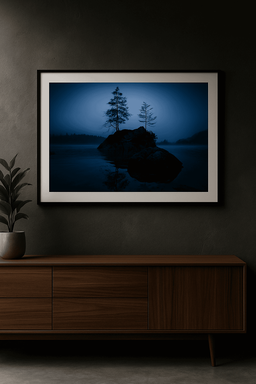Gerahmtes Wandbild „Mystische Bauminsel am Hintersee“ über Nussbaum-Sideboard vor dunkler Wand, Premium-Ambiente.