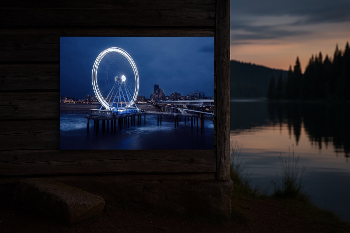Outdoor-Mockup: Nachtfoto Riesenrad Den Haag auf Holzwand, See und Wald im Abendlicht.