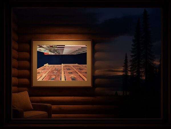 Mockup in Blockhütte: MedienHafen Düsseldorf, Blick nach oben, Sternenhimmel, gerahmtes Foto.