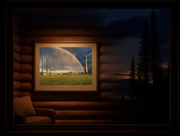 Regenbogen und Wolken über Düsseldorf, gerahmt in Blockhütte.