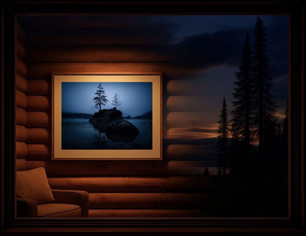 Gerahmte Fine-Art Fotografie „Mystische Bauminsel am Hintersee“ in einer Blockhütte über Sessel, warmes Licht.