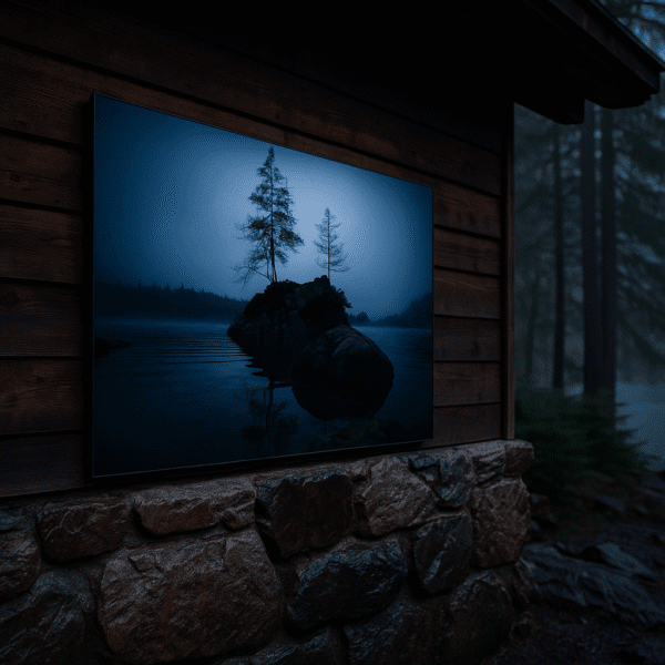 Ungerahmter Print „Mystische Bauminsel am Hintersee“ an dunkler Holzwand im Wald bei Dämmerung.