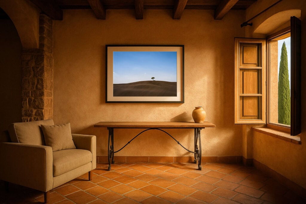 Wandbild Toskana mit minimaler Hügellandschaft – einzelner Baum auf sanftem Hügel unter blauem Himmel, gerahmt in mediterranem Wohnzimmer.