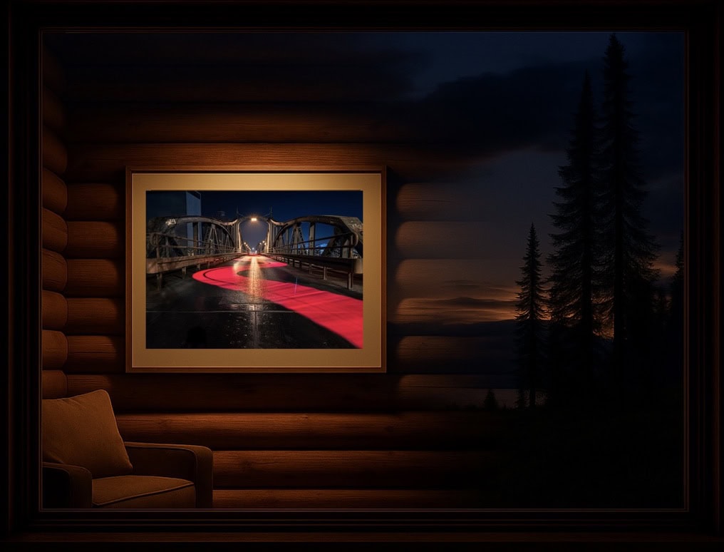 Gerahmtes Nachtfoto der Uerdinger Drehbrücke mit roter Lichtkurve an der Holz-Innenwand einer Hütte; daneben Blick auf Tannen im Abendlicht.