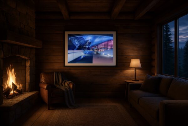 Weitwinkelaufnahme der BMW Welt/Museum in München mit schwebender Dachkonstruktion und LED-Licht.