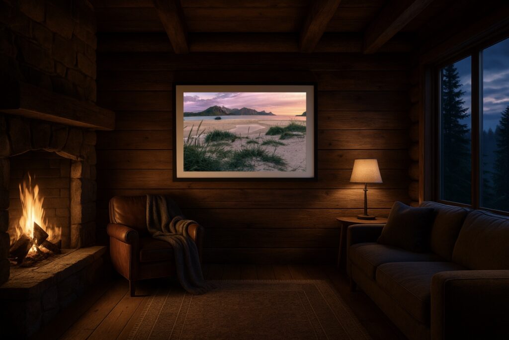 Landschaftsaufnahme des Hauklandstrands auf den Lofoten: Sand, Dünengräser und Berge bei goldenem Sonnenuntergang.