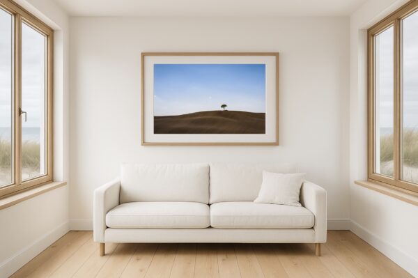Helles Strandhaus-Wohnzimmer mit Naturholzrahmen und Fine-Art-Print eines einsamen Baums über sanften Feldern; skandinavisch-coastaler Stil.