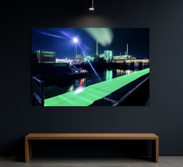 Großformatiger Print mit grüner Lichtspur am Düsseldorfer Kraftwerk Lausward, Spotbeleuchtung auf schwarzer Ausstellungswand (Galerie-Mockup)