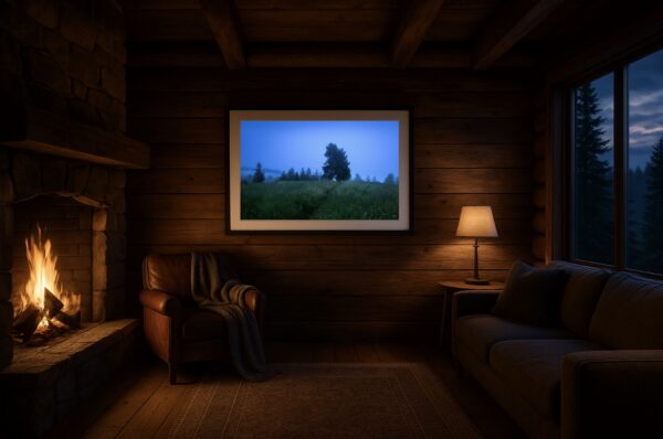 Rustikales Wohnzimmer mit Kamin; an der Wand hängt die Landschaftsfotografie eines mystischen Baums bei Nebel in Oberbozen (blaue Stunde).