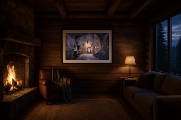 Rustikales Wohnzimmer mit Kamin; gerahmtes Wandbild zeigt eine nächtliche Gewölbegasse in Siena mit Vespa.
