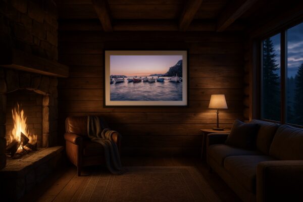 Rustikales Wohnambiente mit Kamin; an der Wand ein Fine Art Print „Fischerboote in Riomaggiore“ bei Sonnenuntergang.