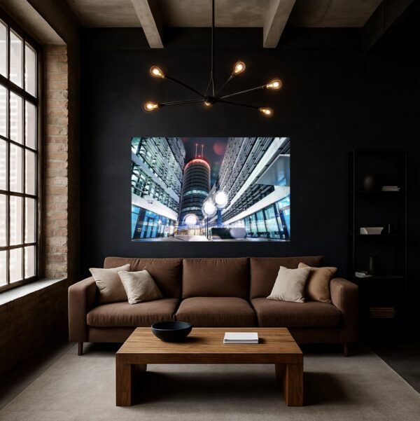 Modernes Wohnzimmer mit großformatigem Wandbild ‘Vodafone Campus Düsseldorf’: Architektur bei Nacht mit Lichtspuren und Regenreflexen.