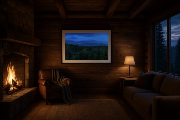 Wandbild Mockup Lagorai Oberbozen Blaue Stunde im Kaminzimmer einer Blockhütte, Holz interior.