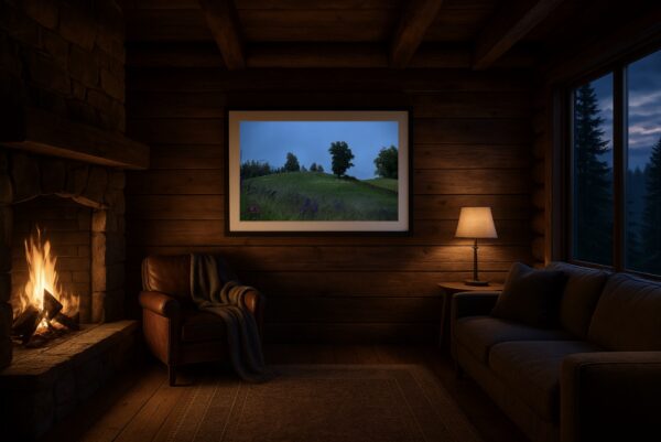Rustikale Blockhütte mit Kaminfeuer; über dem Sessel hängt ein Foto „Mystische Wiese in Oberbozen“: nasse Blumenwiese, geschwungener Zaun und Waldsilhouetten im Nebel, Blaue Stunde.