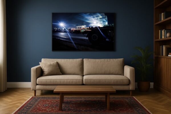 Großformatiges Acrylglas-Wandbild mit Düsseldorfer Hafenkran und blauen Lichtspuren über einer dunkelblauen Wohnzimmerwand.