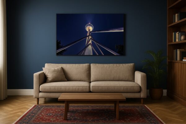 Fine Art Fotografie des Rheinturms Düsseldorf bei Nacht als großes Wandbild im Wohnzimmer mit Couch und Teppich.