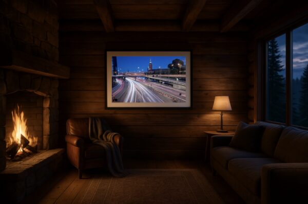 Gerahmter Fine-Art-Print mit urbanen Lichtspuren über Brücken, hängen in einer gemütlichen Holz-Stube mit Kamin.