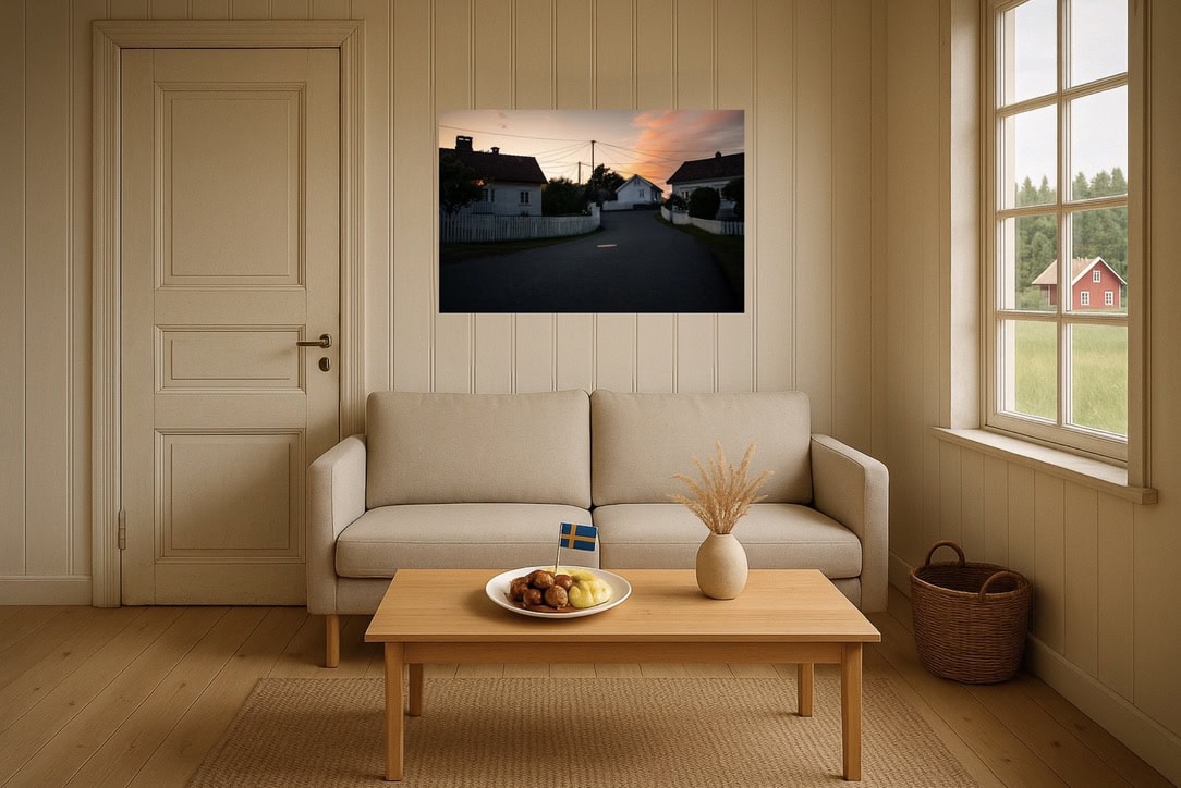 Wohnzimmer-Wandbild: Skandinavische Dorfhäuser im Sonnenuntergang – warmes Licht, Landhaus-Ästhetik, gemütlich