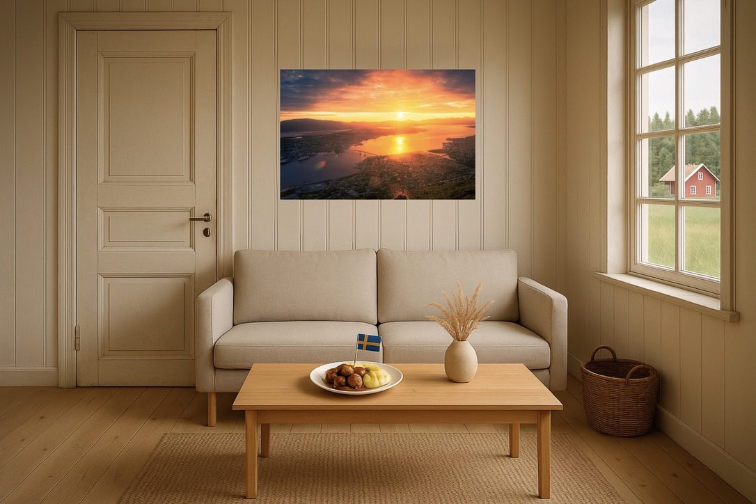 Skandinavisches Wohnzimmer-Wandbild: Fjordlandschaft zur Mitternachtssonne – Drohnenblick, weite Horizonte, sanftes Licht