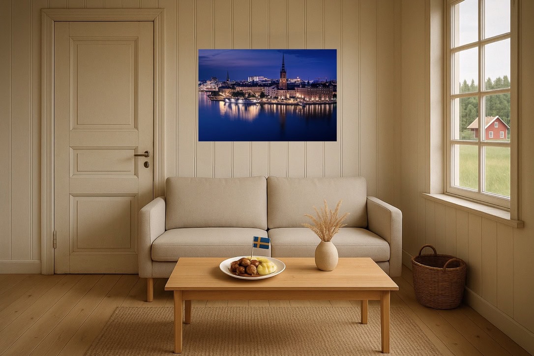 Skandinavisches Wohnzimmer-Wandbild: Riddarholmen Skyline – klare Wasserlinie, feine Stadtlichter, kühles Blau