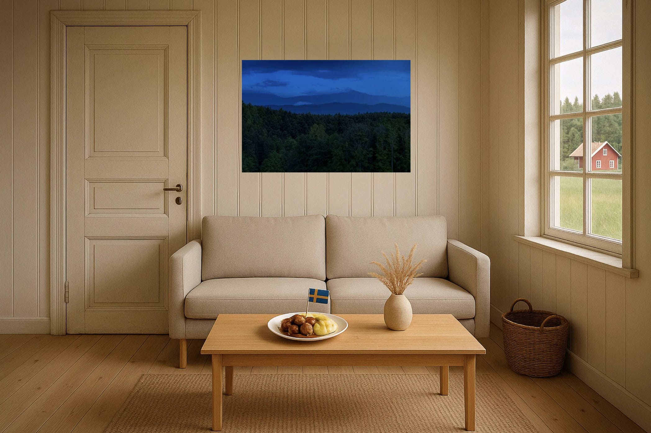 Wohnzimmer-Wandbild: Bergschatten über Waldmeer – Schichtungen im Abendblau, grafisch ruhig, viel Fernwirkung