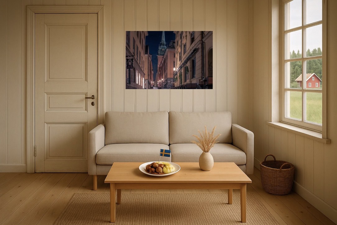Skandinavisches Wohnzimmer-Wandbild: Gamla Stan – Gasse bei Nacht mit Turmspitze, feine Kontraste, historischer Fokus