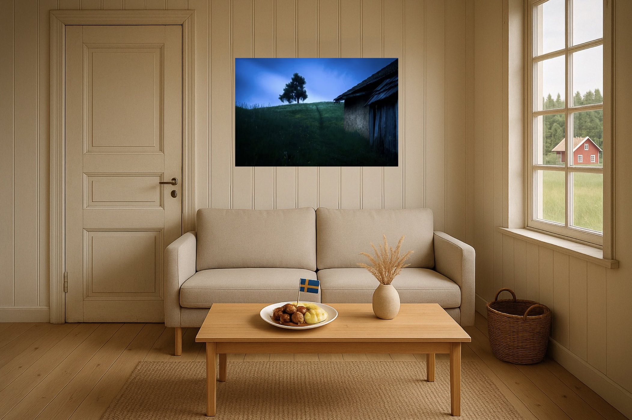 Wohnzimmer-Wandbild: Landhaus-Hof mit Baum zur Blauen Stunde – ländliche Ruhe, nordisches Flair, weiche Kontraste