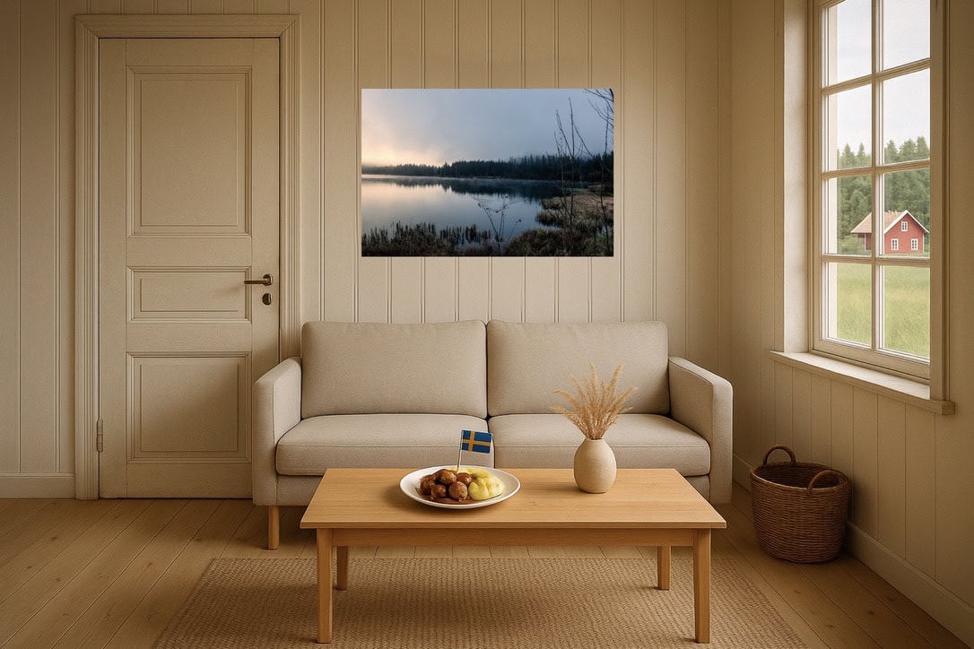 Wohnzimmer-Wandbild: Moorsee im Morgennebel – stille Wasserfläche, feine Tonwerte, naturverbundener Hygge-Stil