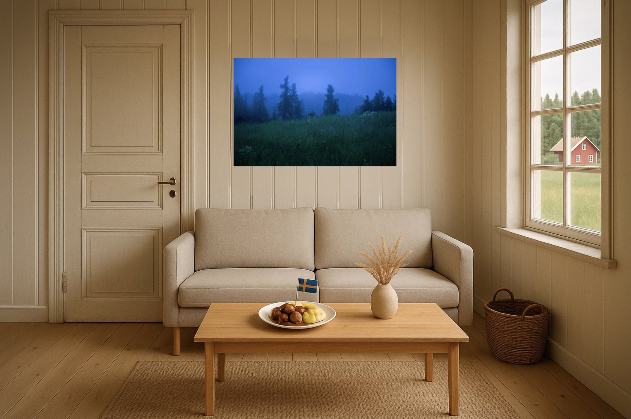 Wohnzimmer-Wandbild: Fichtenrand im Abendblau – leiser Nebel, weite Fläche, nordisch-minimaler Look