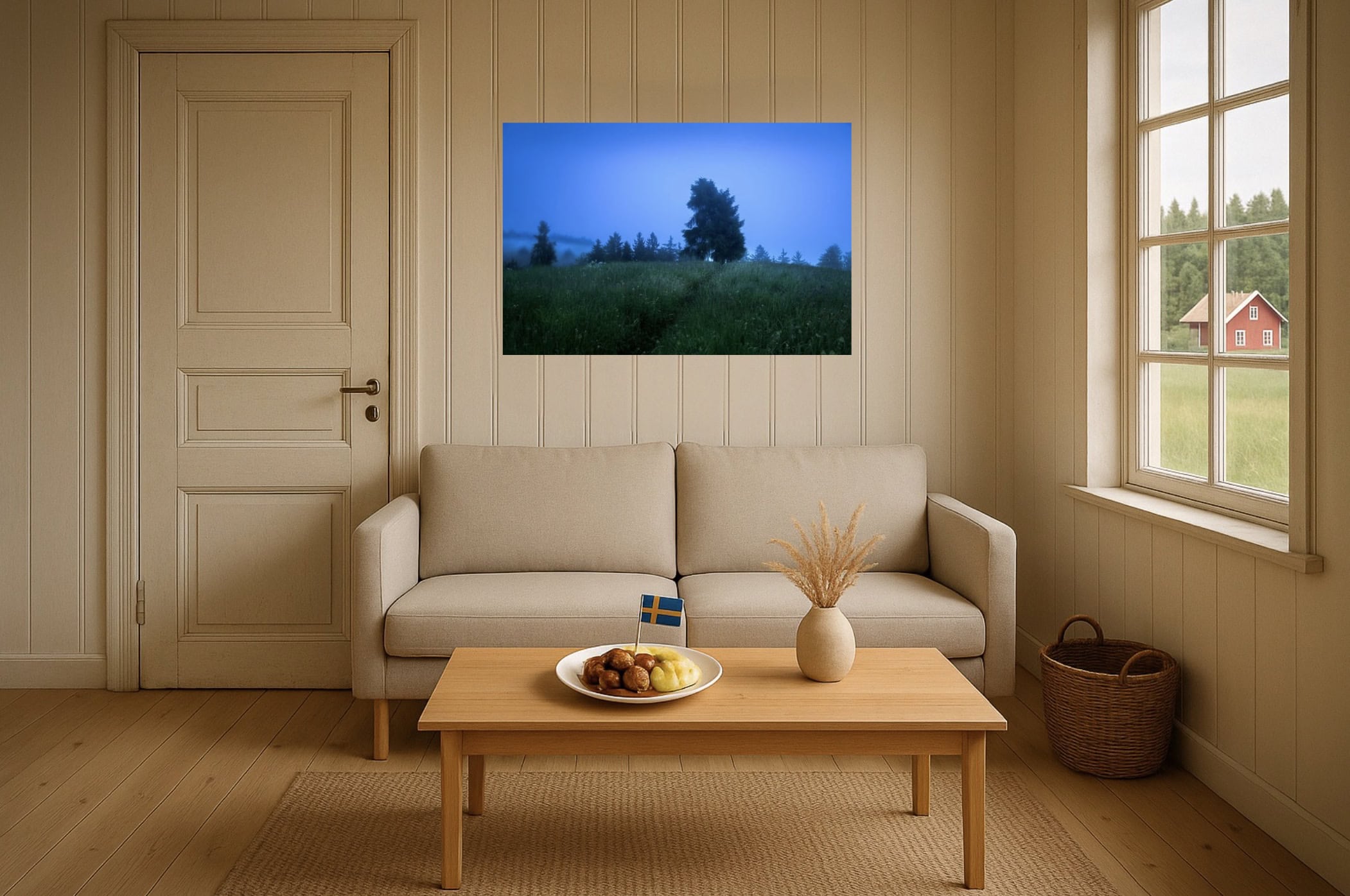 Wohnzimmer-Wandbild: Einsamer Baum im Morgenblau – minimal, weicher Nebel, skandinavische Ruhe fürs Sofaformat
