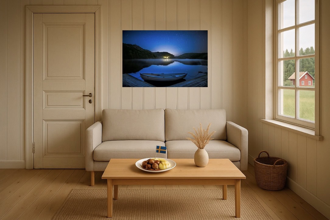 Skandinavisches Wohnzimmer-Wandbild: Nordischer See bei Nacht mit Boot – Hygge-Gefühl, sanfte Lichter, tiefe Ruhe