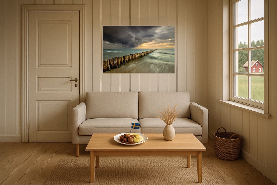 Wohnzimmer-Wandbild: Ostsee mit Buhnenlinie unter Gewitterhimmel – dynamische Wolken, ruhiges Wasser, grafische Ordnung