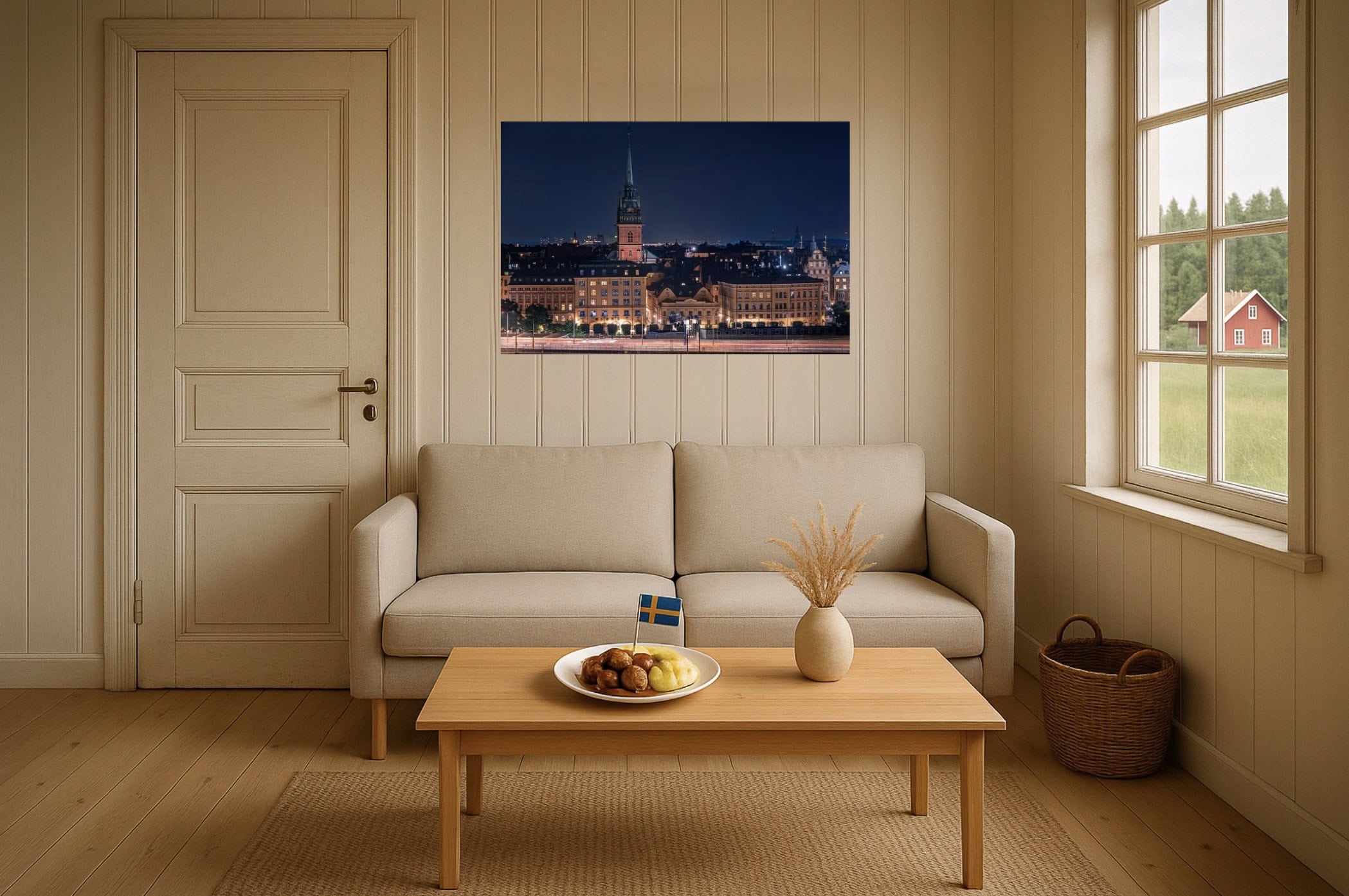 Wohnzimmer-Wandbild: Riddarholmen Kirche als Nachtpanorama – feine Architekturkonturen, tiefe Blautöne