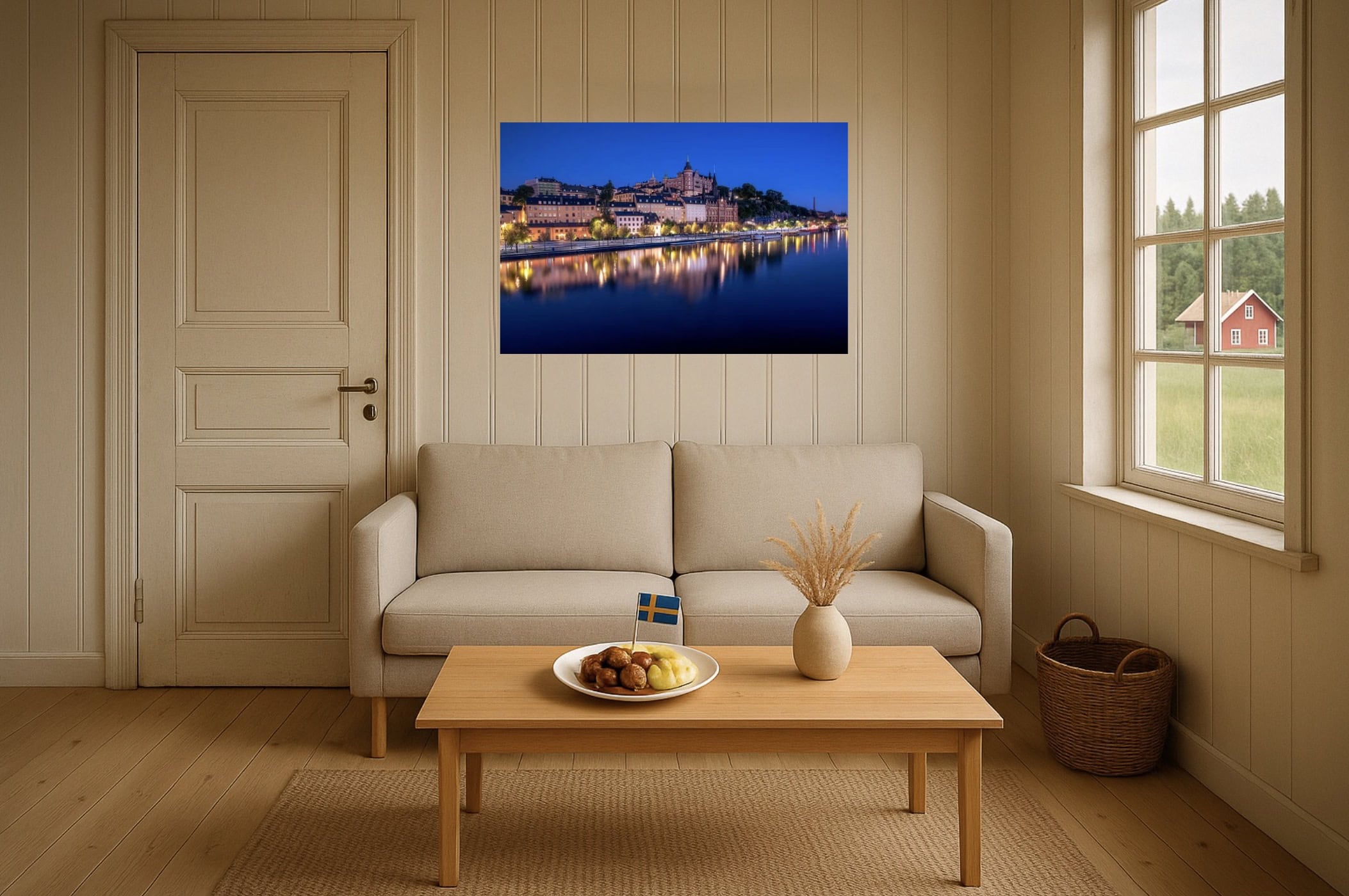 Skandinavisches Wohnzimmer-Wandbild: Södermalm – Uferlichter zur Blauen Stunde, weiche Reflexe, nordische Ruhe