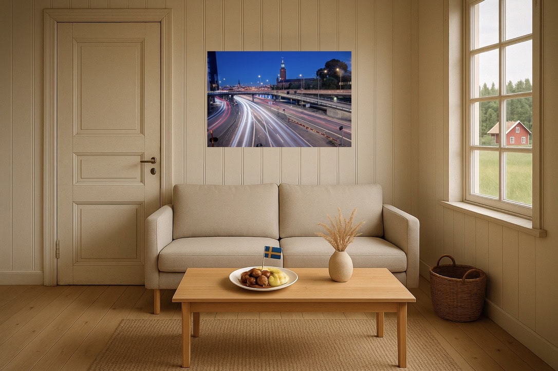 Wohnzimmer-Wandbild: Stadshuset mit Lighttrails am Wasser – dynamisch und doch ruhig, Blaue Stunde