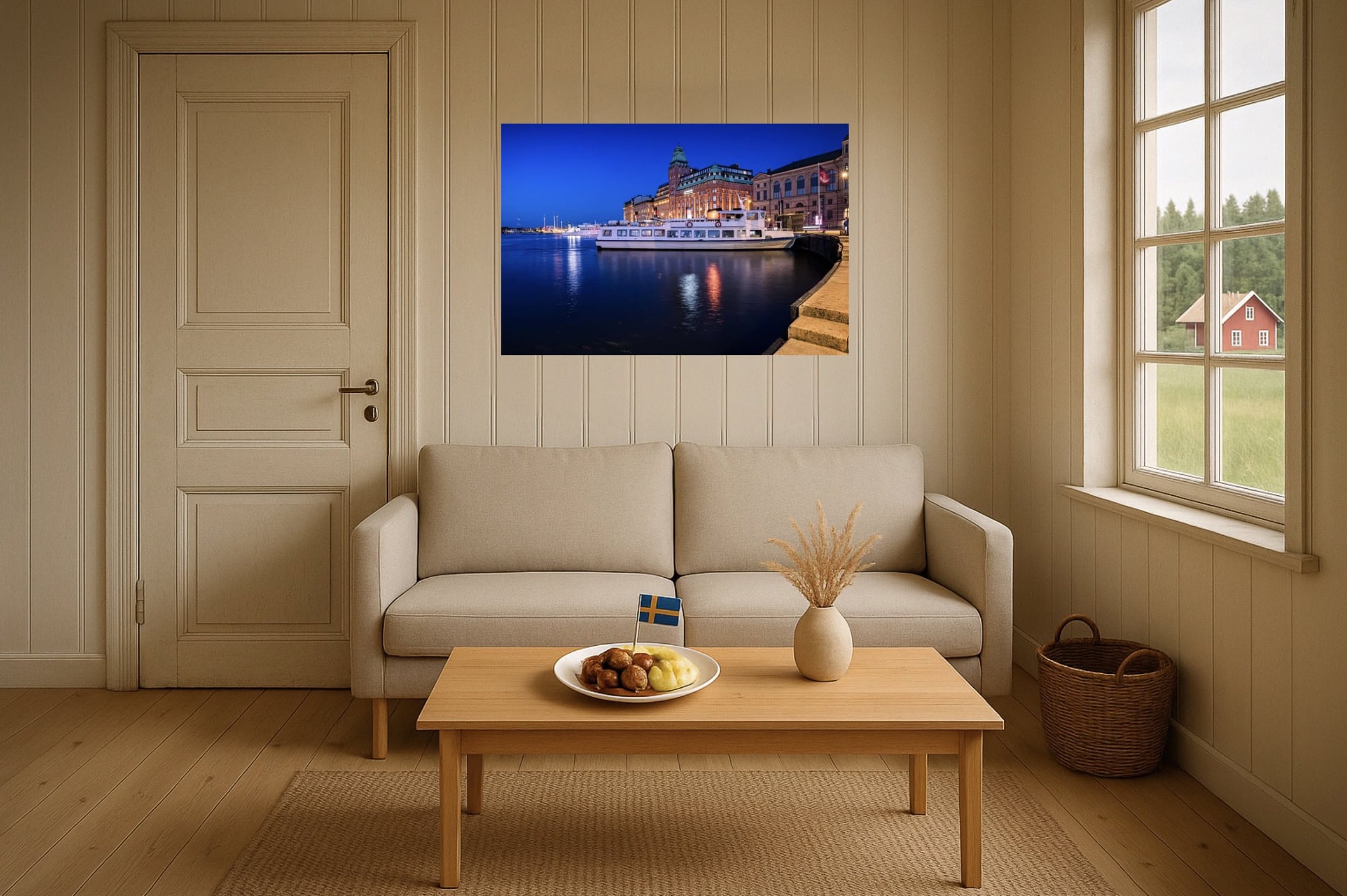 Wohnzimmer-Wandbild: Grand Hôtel am Nybroviken – Blaue Stunde, edle Stadtsilhouette, nordisch elegant