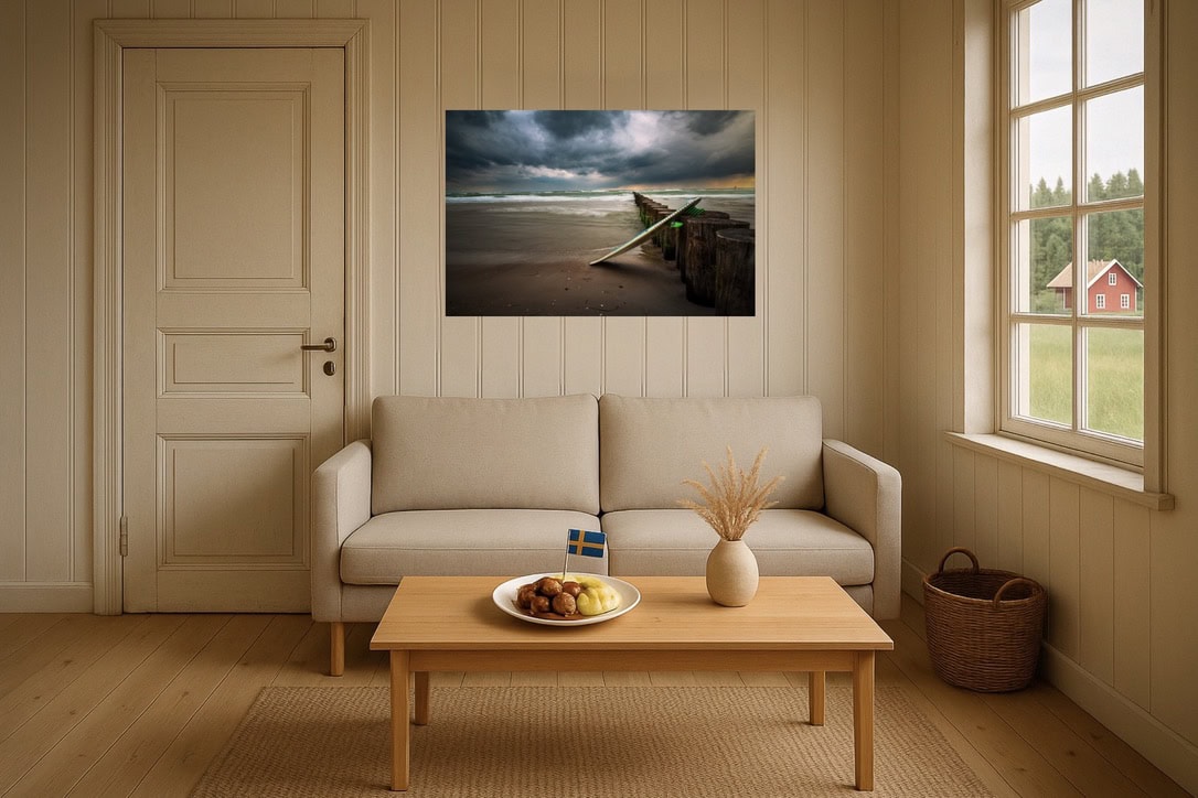 Skandinavisches Wohnzimmer-Wandbild: Djurgården Hafen zur Blauen Stunde – leuchtende Uferlichter, feine Architekturdetails