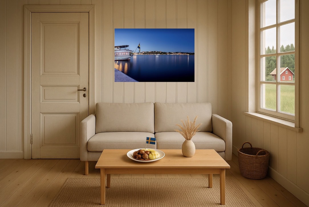 Wohnzimmer-Wandbild: Hafenpromenade in Stockholm bei Nacht – weiche Spiegelungen, ruhige Blautöne