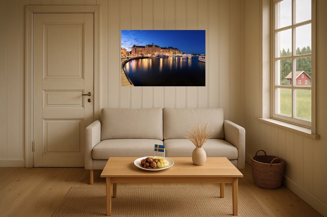 Wohnzimmer-Wandbild: Stockholm Strandvägen – Quai mit Lichtern zur Blauen Stunde, elegante Uferarchitektur