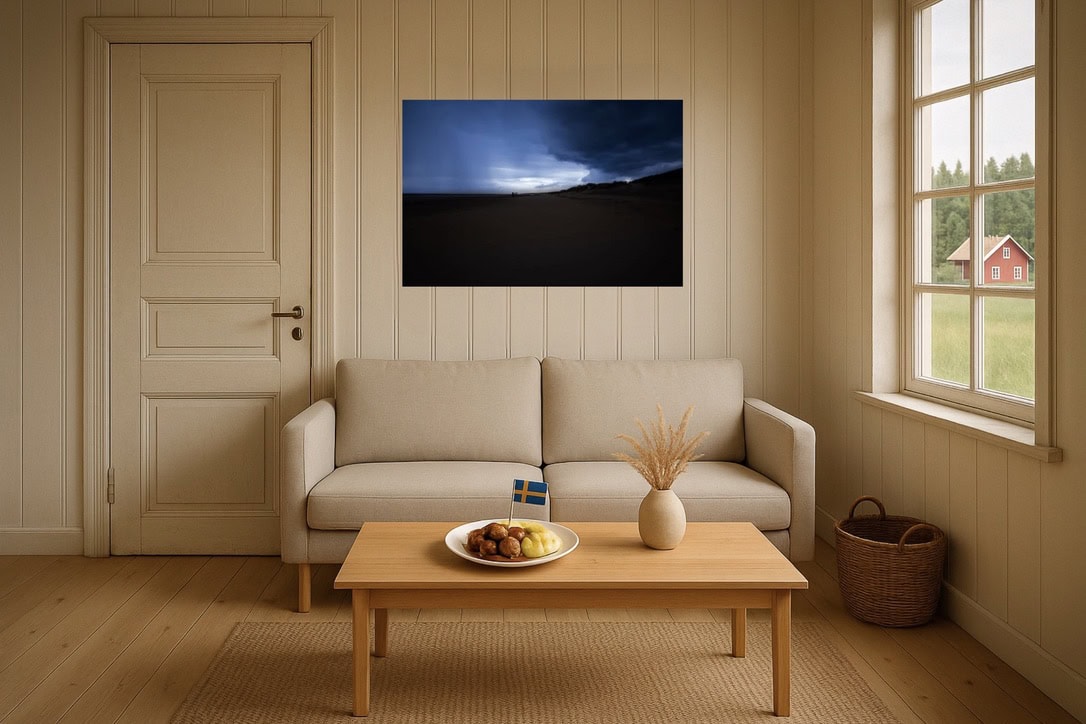 Wohnzimmer-Wandbild: Sturmfront über dunklem Strand – minimalistische Linie, dramatisches Blau, nordisch kühl