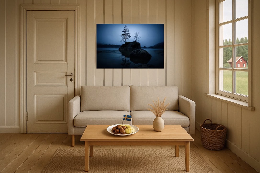 Bauminsel im Hintersee im Nebel, ruhige Wasserflächen und Blautöne – minimalistisches Landschafts-Wandbild