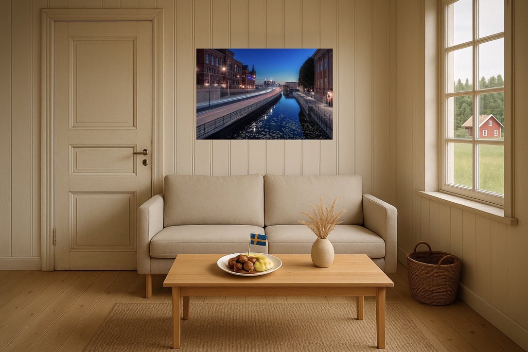 Skandinavisches Wohnzimmer-Wandbild: Stockholm-Kanal mit moderner Architektur und Lichtspuren – kühle Blautöne, urban & ruhig
