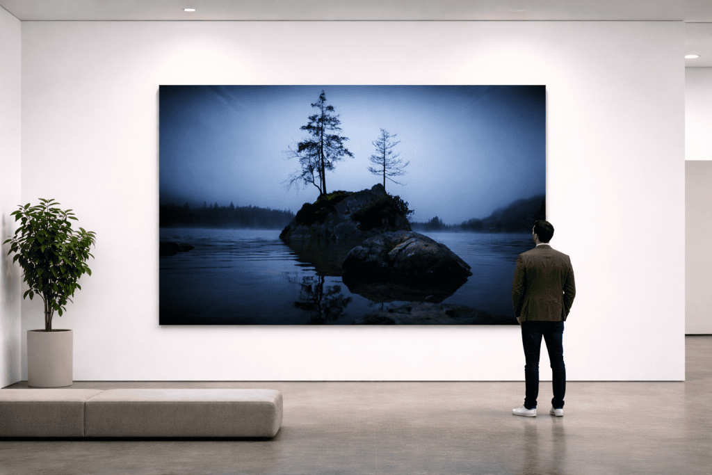 Whitewall Masterprint mit nebliger See-Landschaft und Felseninsel, betrachtet von einer Person als Produktvorschau