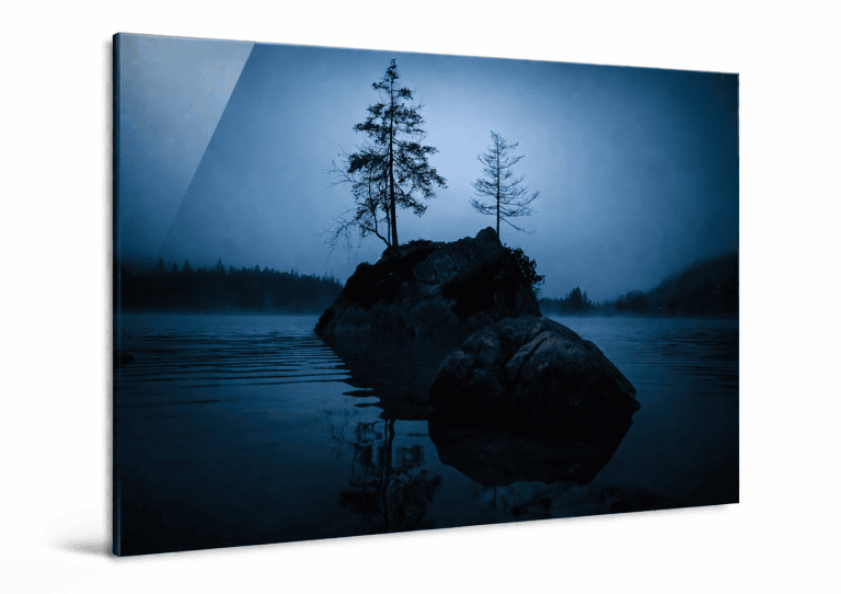 Fotografie eines dunklen Sees mit Felsinsel und zwei kahlen Bäumen im dichten blauen Nebel, ruhige Wasseroberfläche