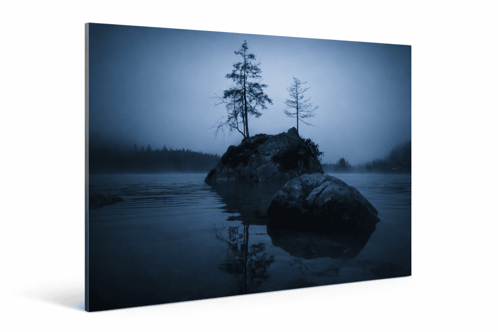 Fine-Art-Fotografie einer kleinen Felsinsel mit zwei Bäumen auf Alu Dibond als Produktvorschau