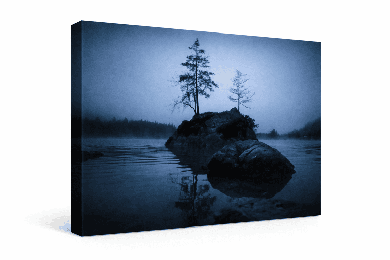 Leinwand mit düsterer Seenlandschaft, Felseninsel mit zwei Bäumen im Nebel, ruhiges Wasser in Blautönen