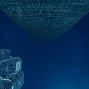Blick nach oben auf zwei Wolkenkratzer in Paris La Défense bei Nacht vor tiefblauem Himmel