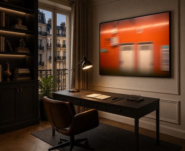 Großes unscharfes Wandbild mit orangefarbener urbaner Szene über einem dunklen Schreibtisch in elegantem Homeoffice