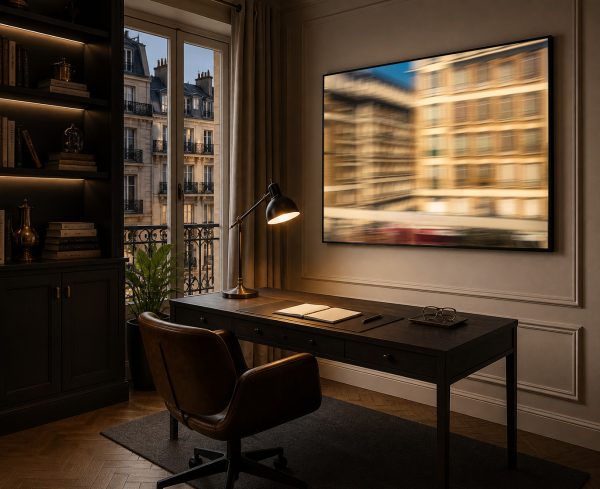 Großes Wandbild mit verwischten Stadtfassaden über einem dunklen Schreibtisch in elegantem Arbeitszimmer mit Fensterfront.