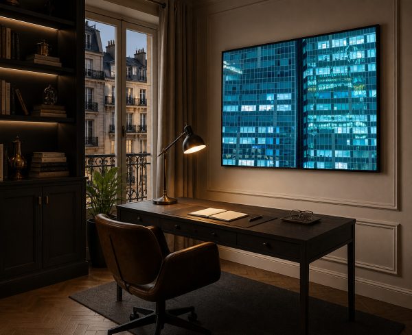 Großes Wandbild mit blau erleuchteter Glasfassade in elegantem Homeoffice mit Holzschreibtisch und Lederstuhl